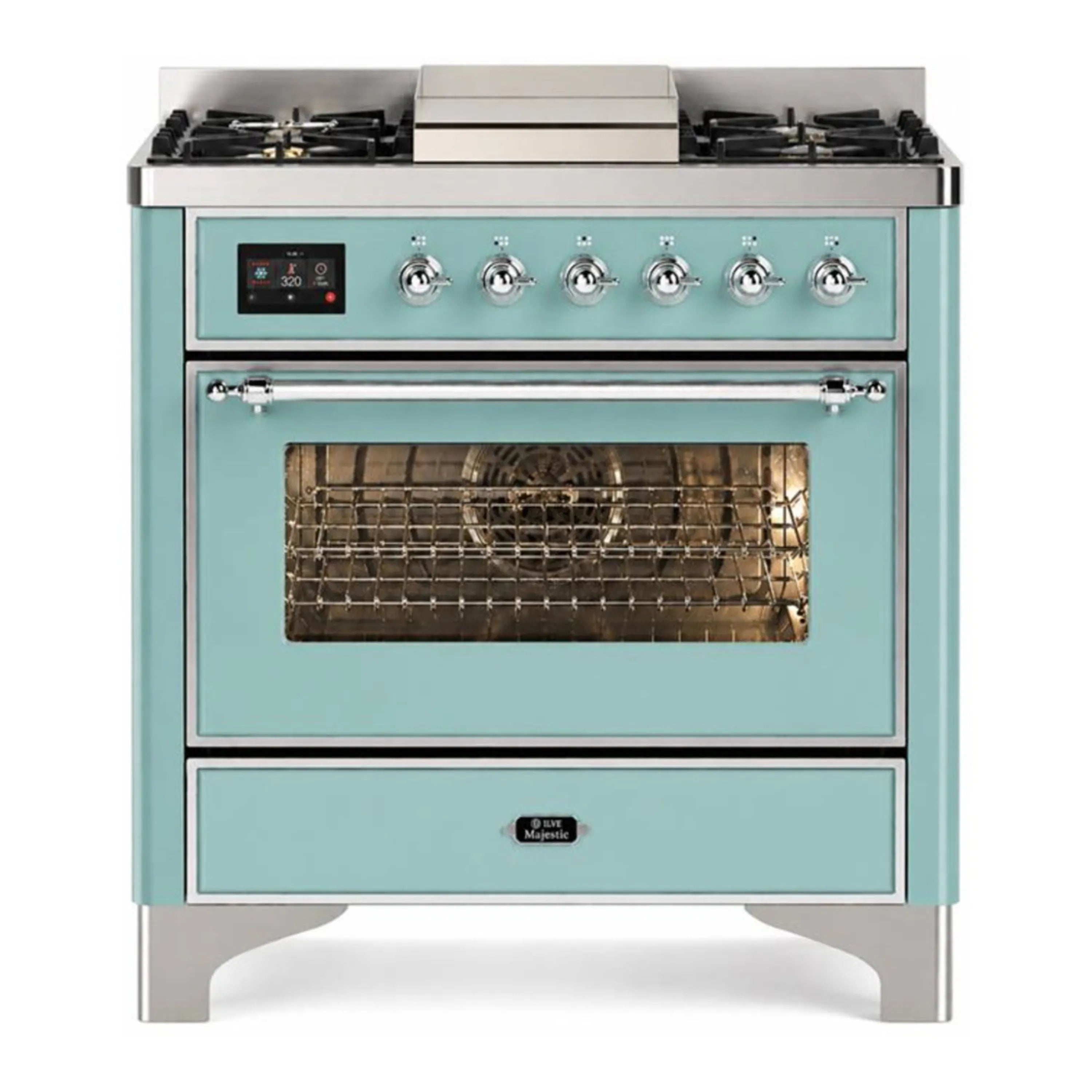 Mint dual fuel range with glass oven door and chrome control knobs, gas burners top