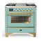 ILVE Majestic III 36-inch Dual Fuel Range with 6 Natural Gas Burner, Griddle and Triple Glass Door Electric Oven in Mediterranean Mint with Brass Trim (UM36FNR3MMG)