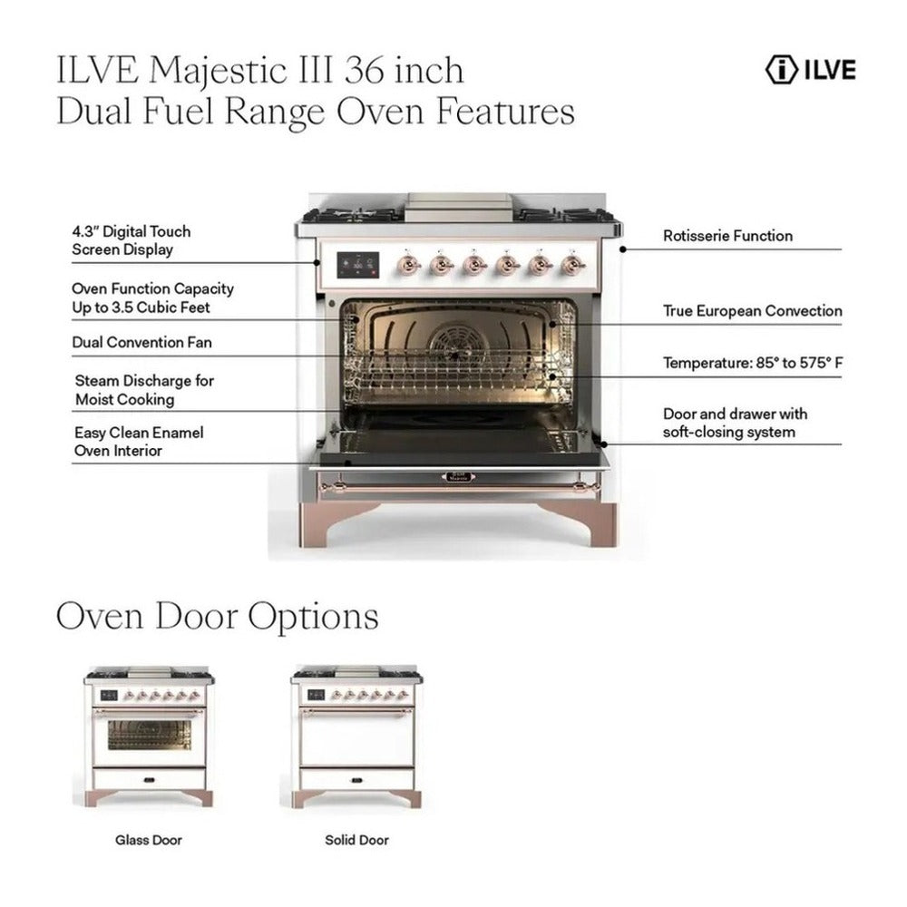 ILVE mint dual fuel oven with open door, interior cavity and control display