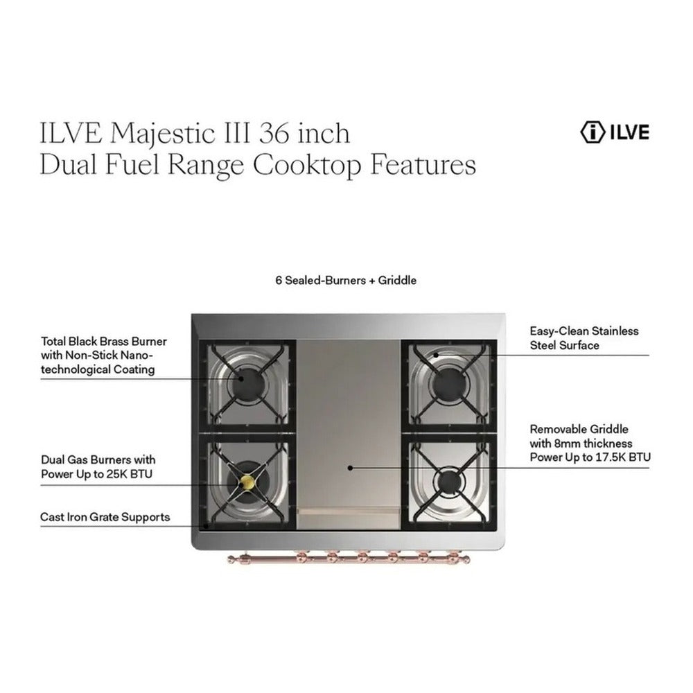 ILVE cooktop with burners and removable griddle, black grates over stainless steel surface