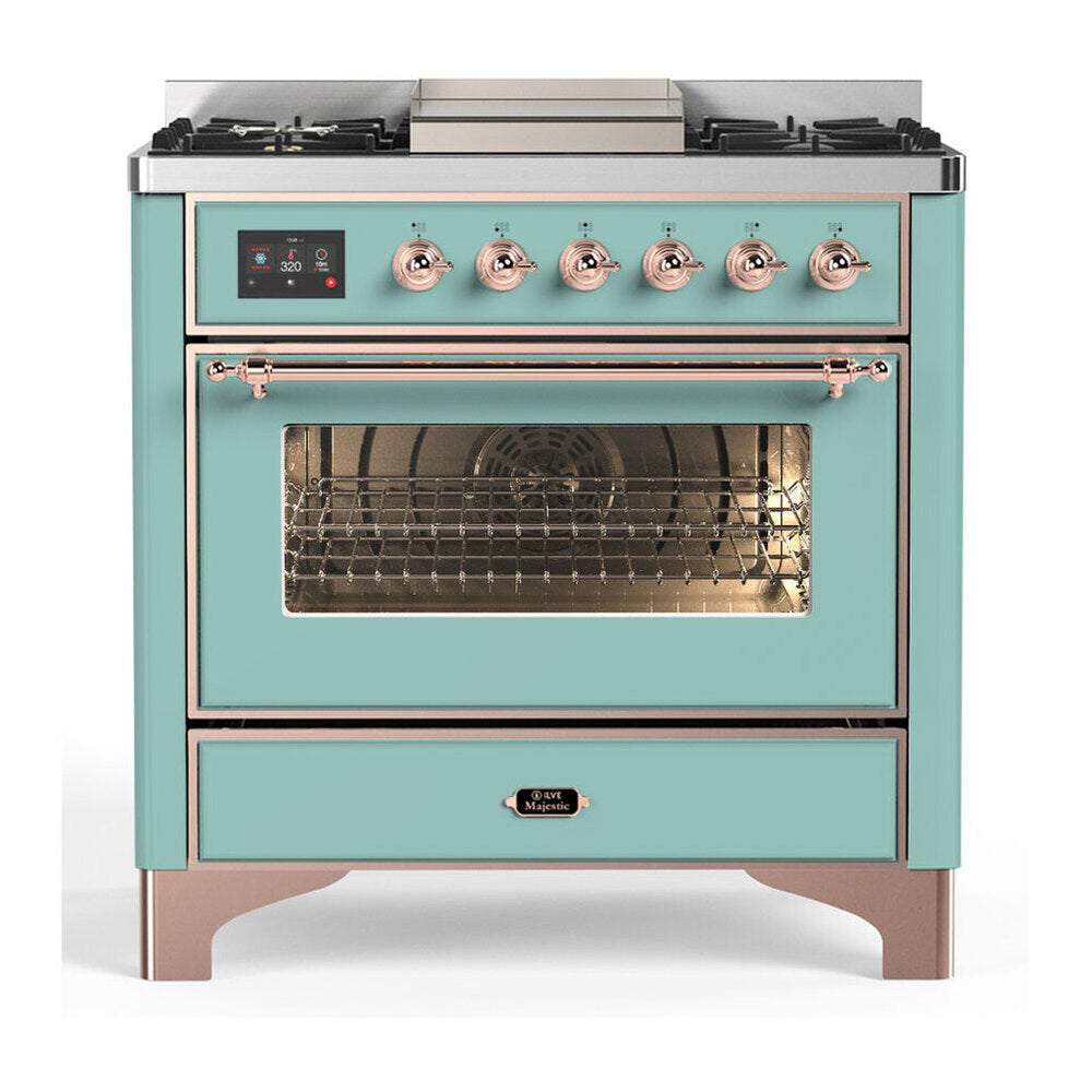 ILVE Majestic III 36-inch Dual Fuel Range with 5 Liquid Propane Burner, Griddle and Triple Glass Door Electric Oven in Mediterranean Mint with Copper Trim (UM36FNR3MMPLP)