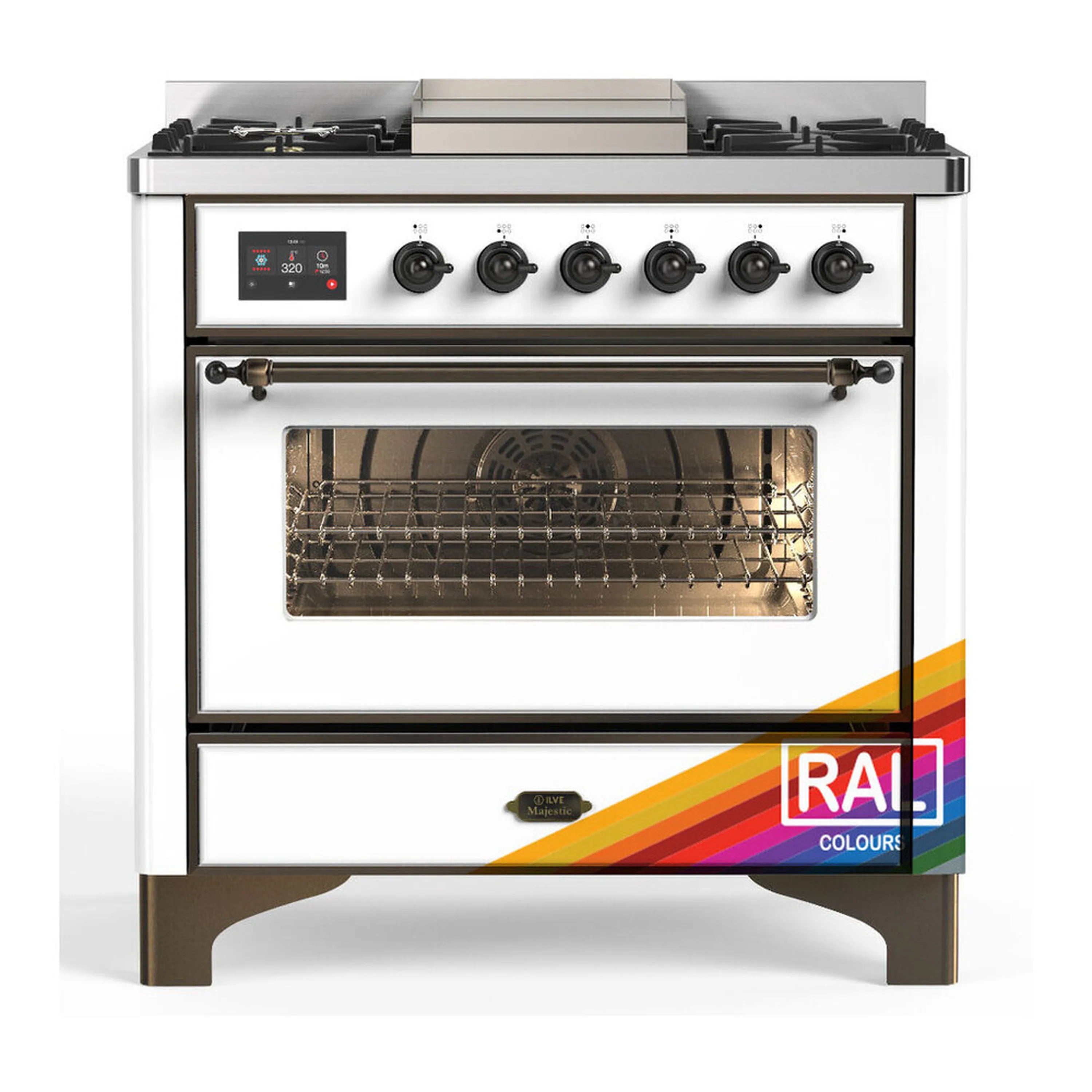 Freestanding dual fuel range with four gas burners and open oven cavity