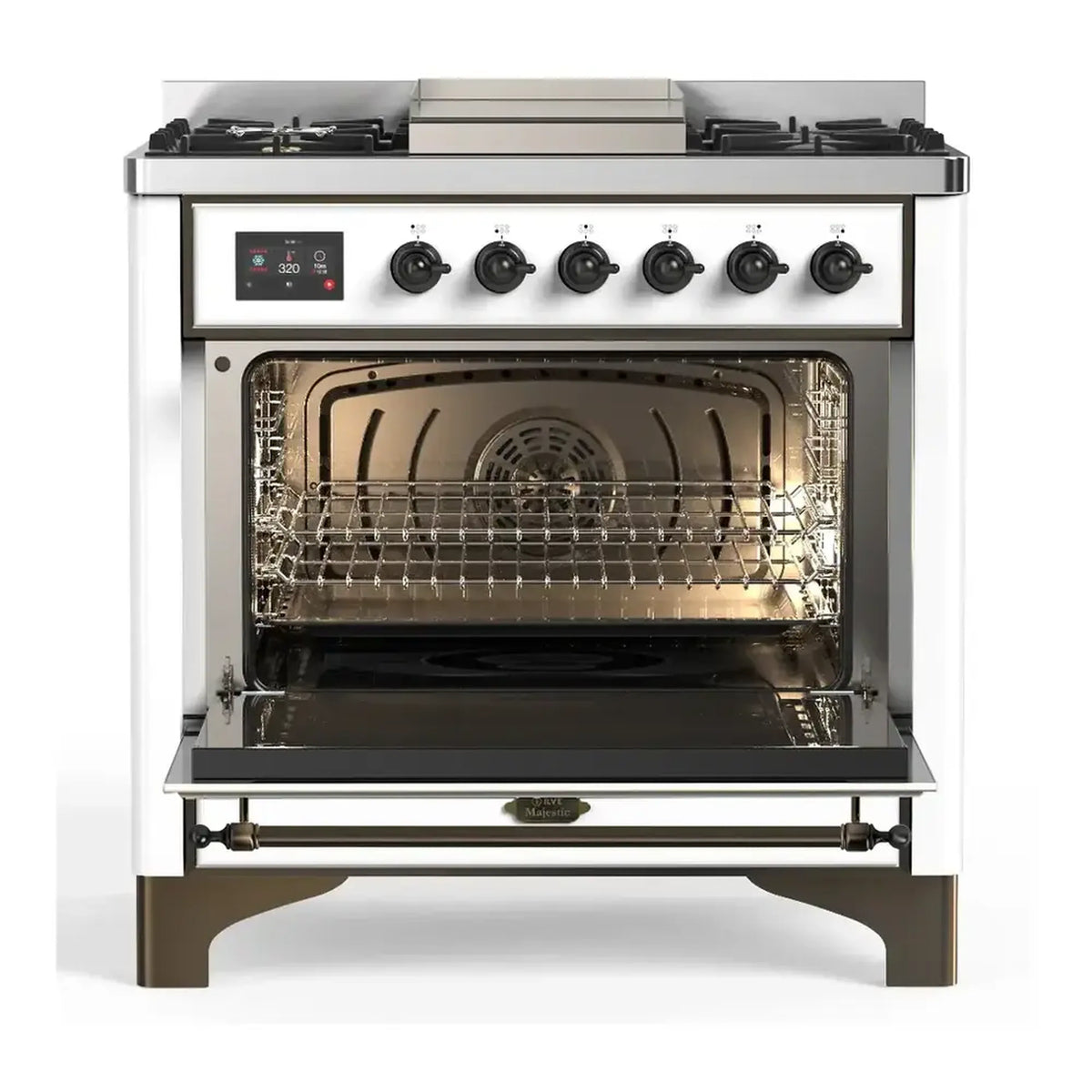 Stainless dual fuel range with open oven door and wire rack