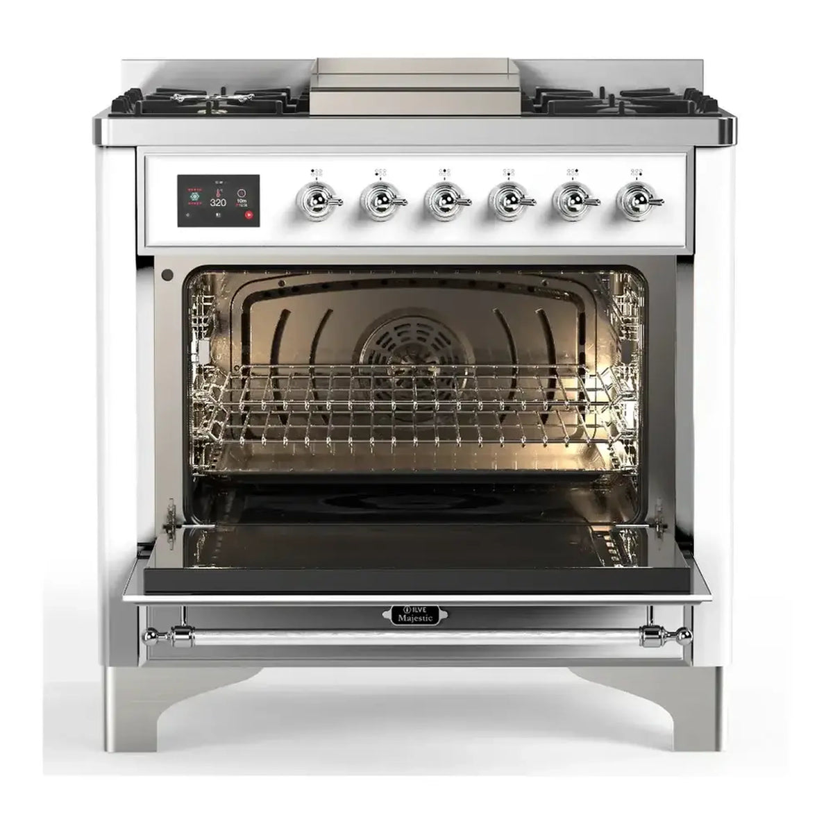 Dual fuel range with open electric oven, wire rack, and control knobs