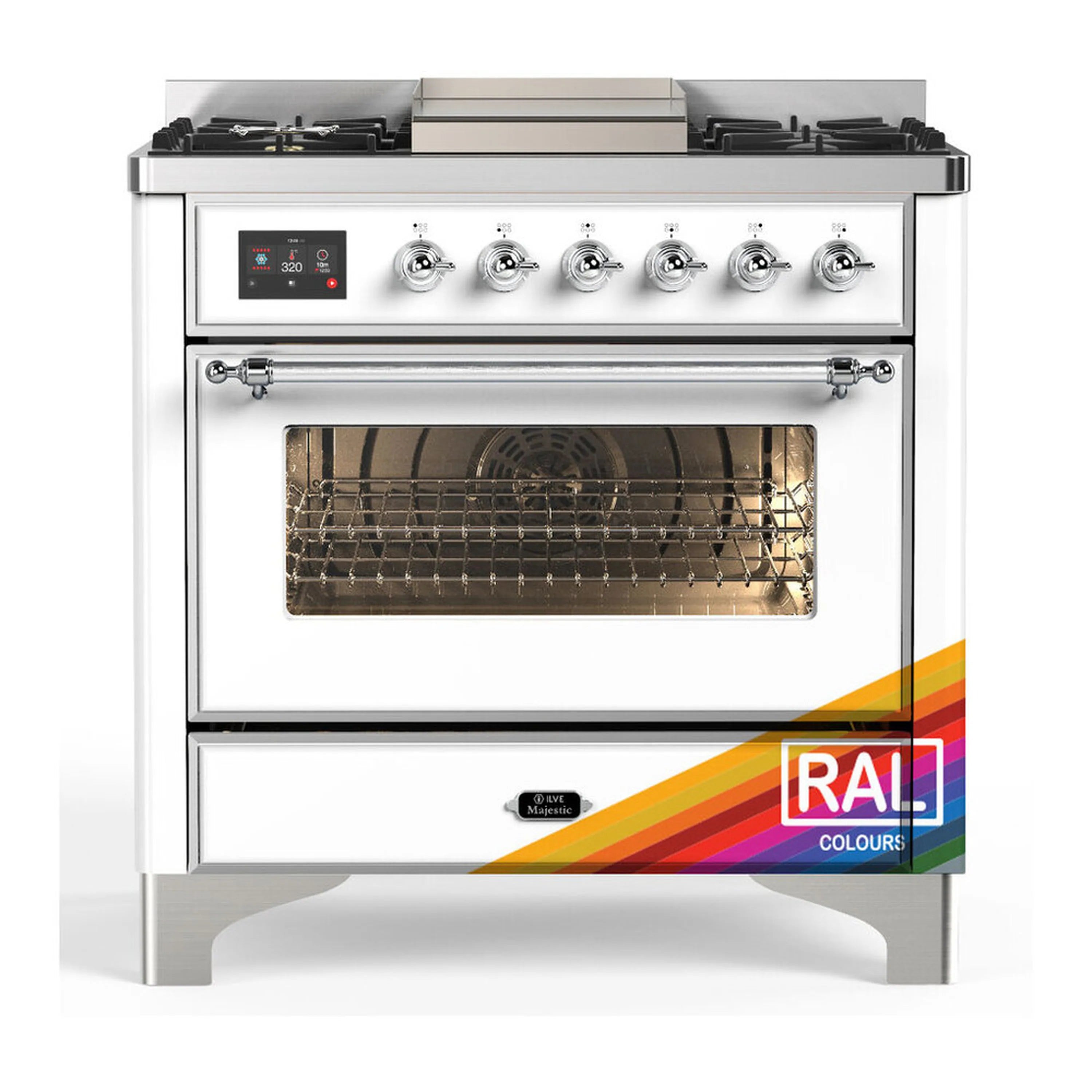 Dual fuel range front view with closed oven door, control panel, and RAL badge