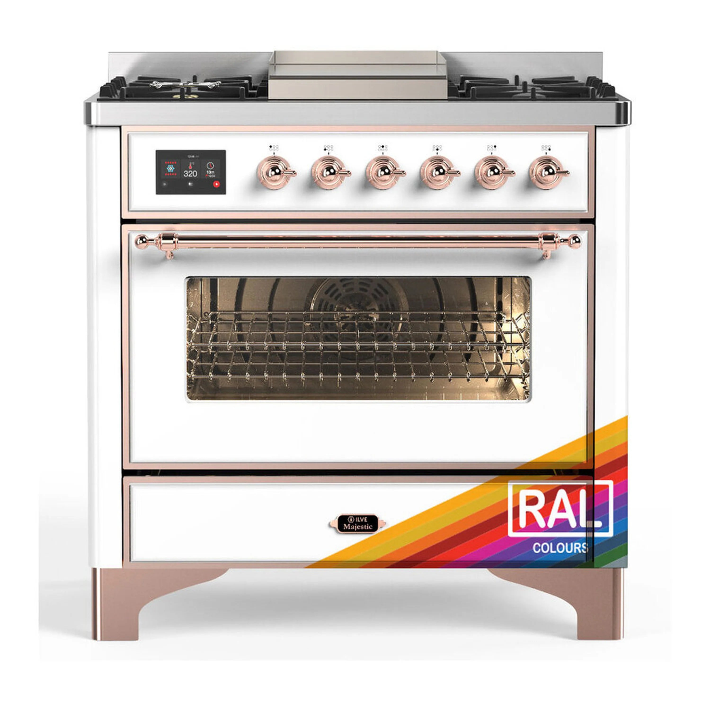 Dual fuel range with copper trim, six gas burners, and open triple-glass oven door