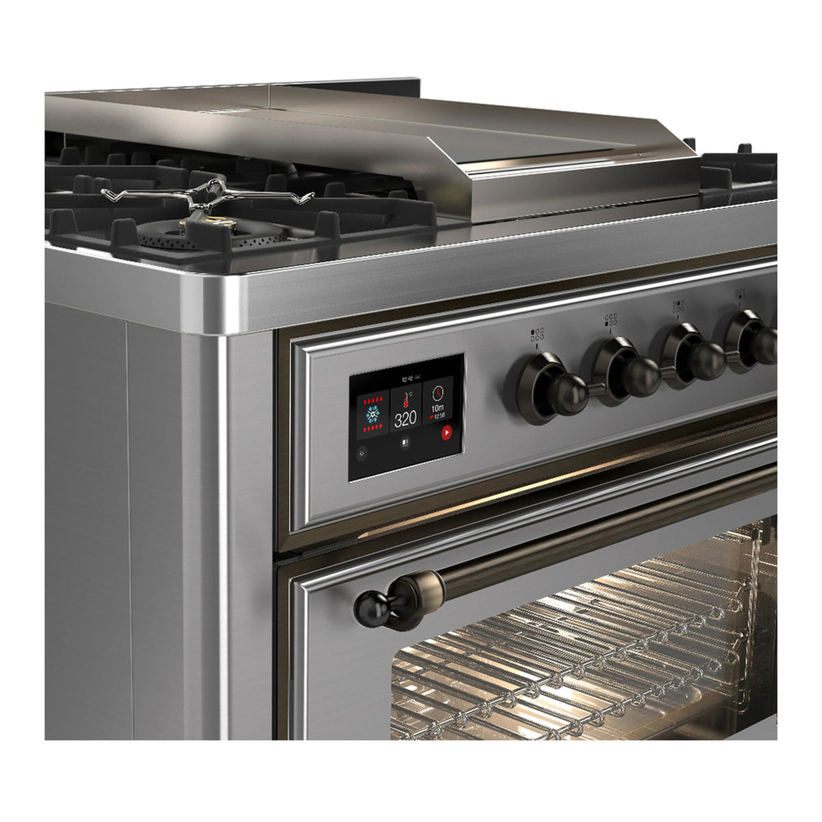 Stainless steel dual fuel range control panel with knobs and digital display.