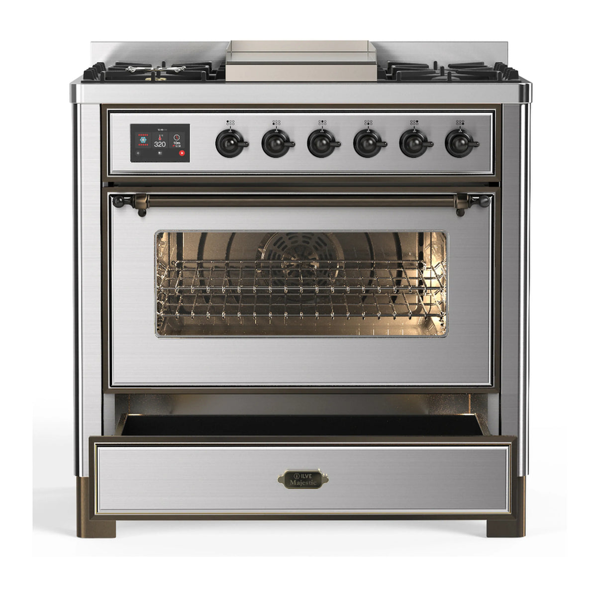 Stainless steel oven with glass door open and interior rack visible.