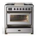 ILVE Majestic III 36-inch Dual Fuel Range with 5 Liquid Propane Burner, Griddle and Triple Glass Door Electric Oven in Stainless Steel with Burnished Trim (UM36FNR3SSBLP)