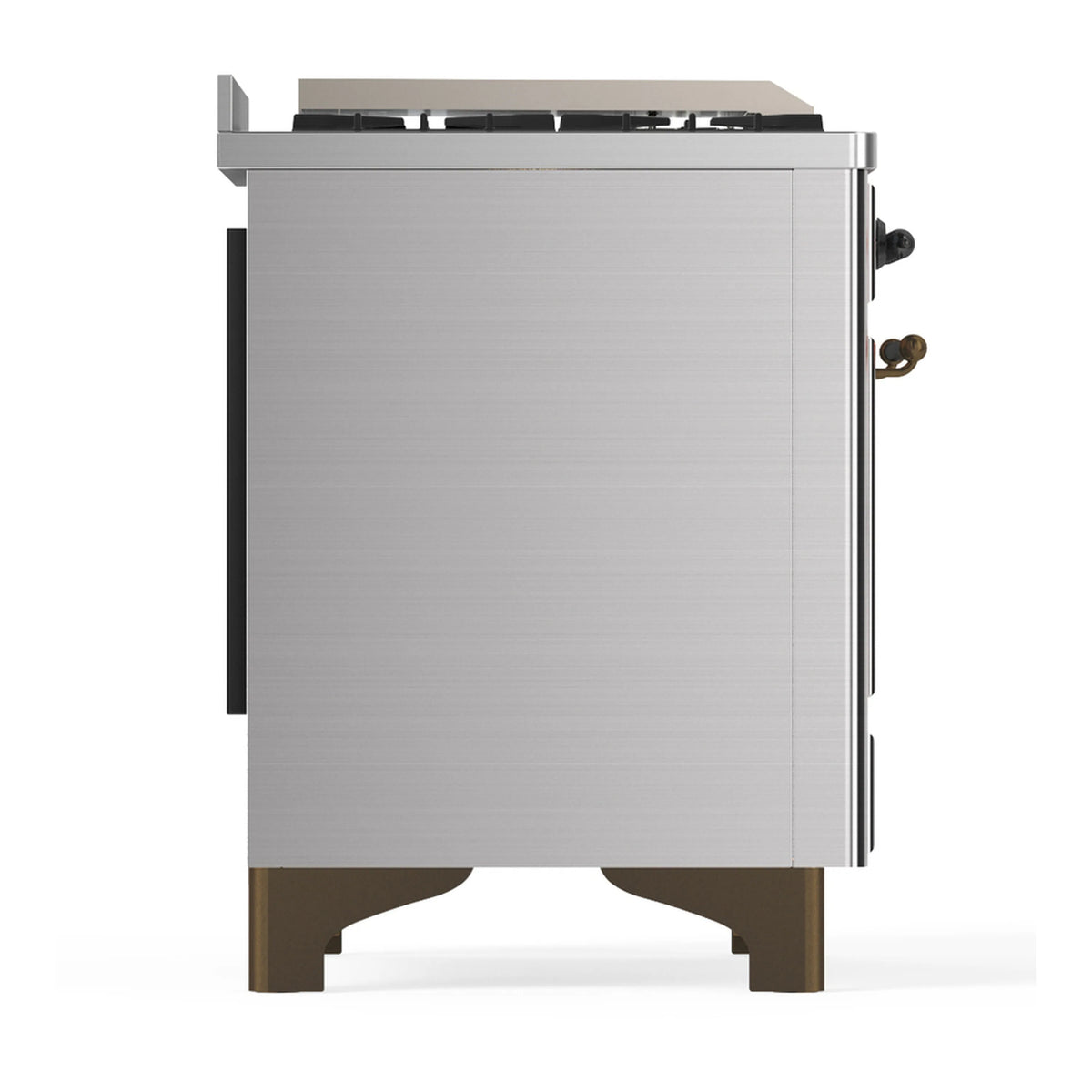 Stainless steel dual fuel range with black side panels and front corner details.