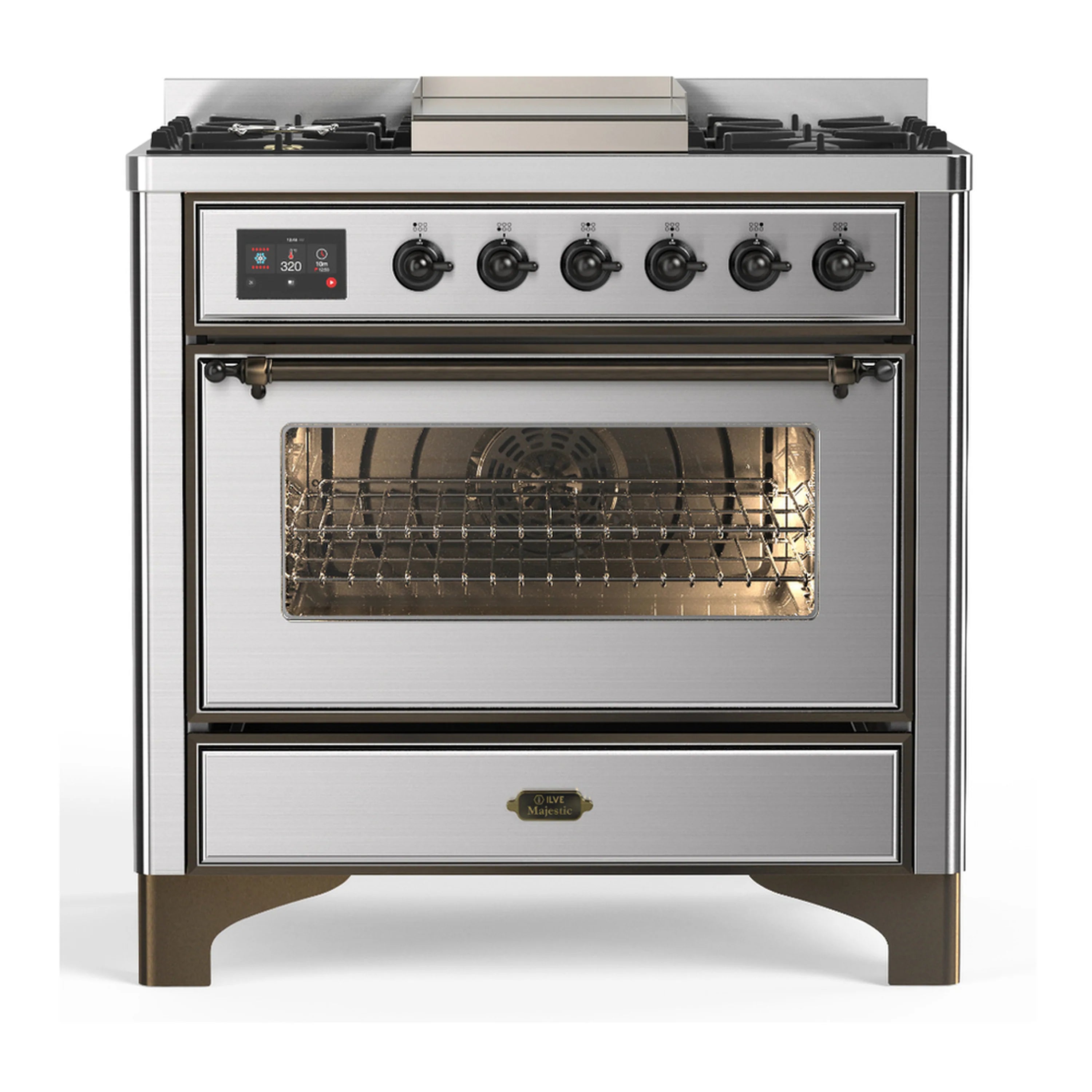 Stainless steel dual fuel range front view with open oven door and control panel