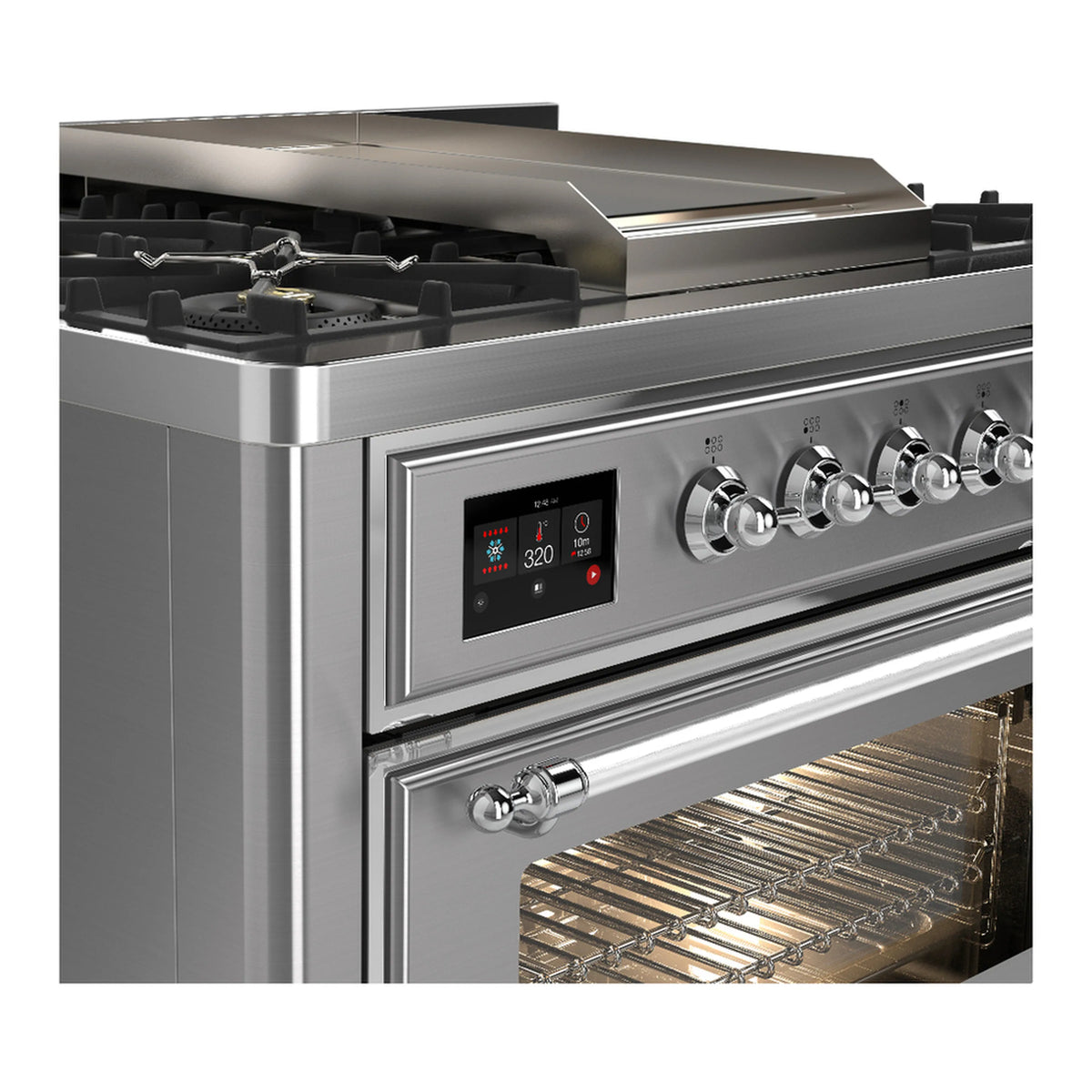 Stainless steel dual fuel range control panel and oven door handle with cooktop grates