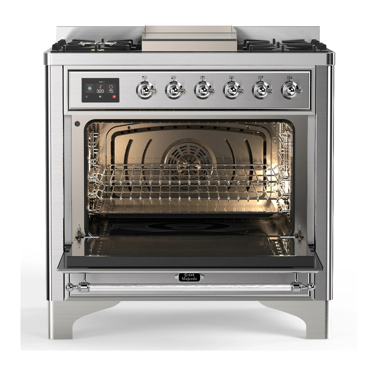 Dual fuel range oven cavity view with stainless interior and wire rack rails