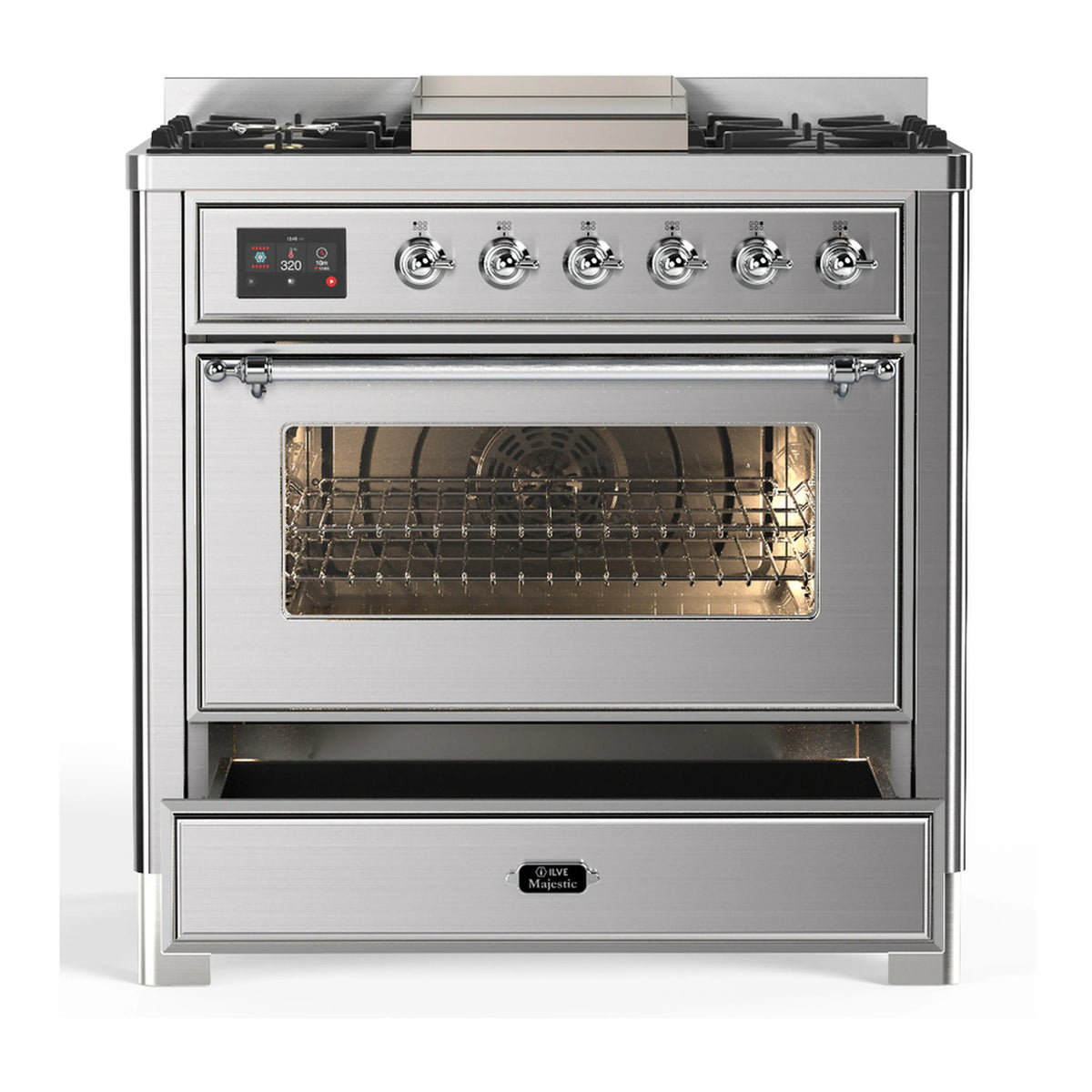 Stainless steel electric oven with glass door open, visible wire rack and interior light