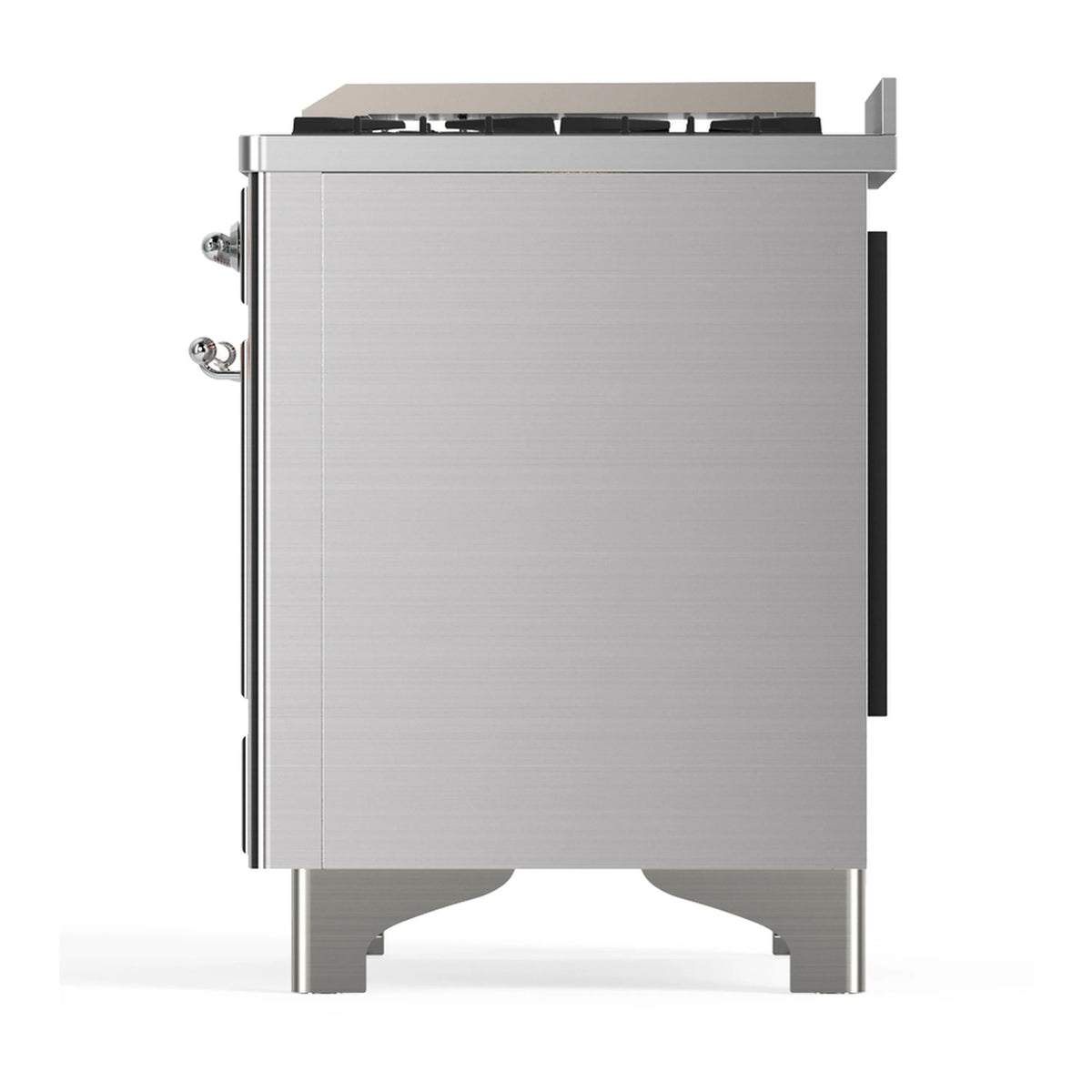 Stainless steel dual fuel range with chrome-trimmed cabinet and side handles, rear view