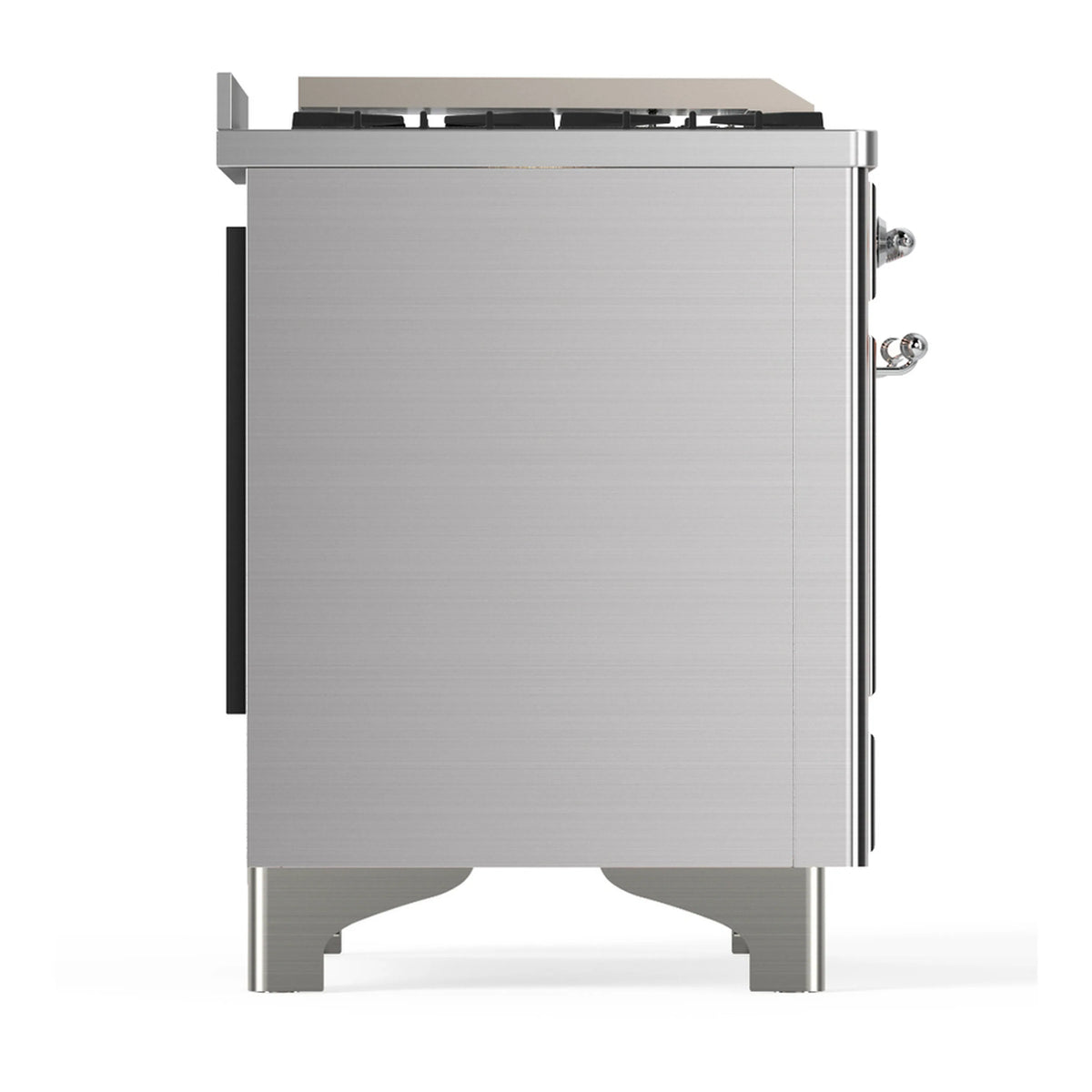 Stainless steel dual fuel range with chrome-trim side panels and oven door details