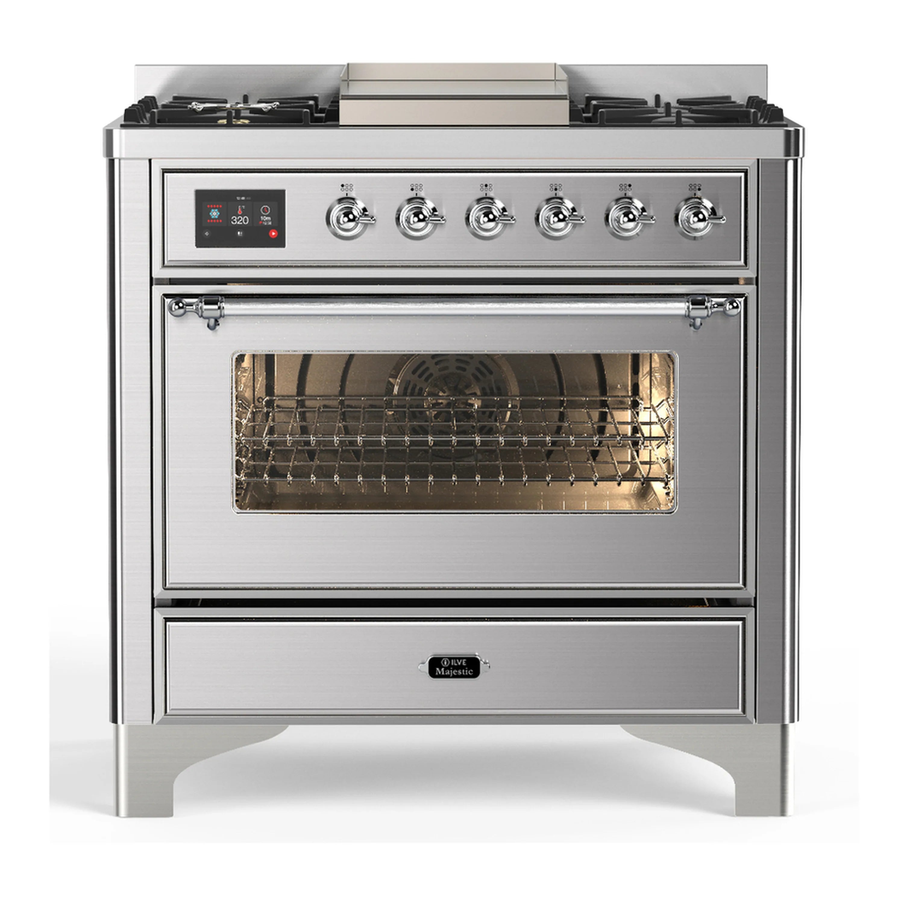 Stainless steel dual fuel range with closed oven door and front control knobs