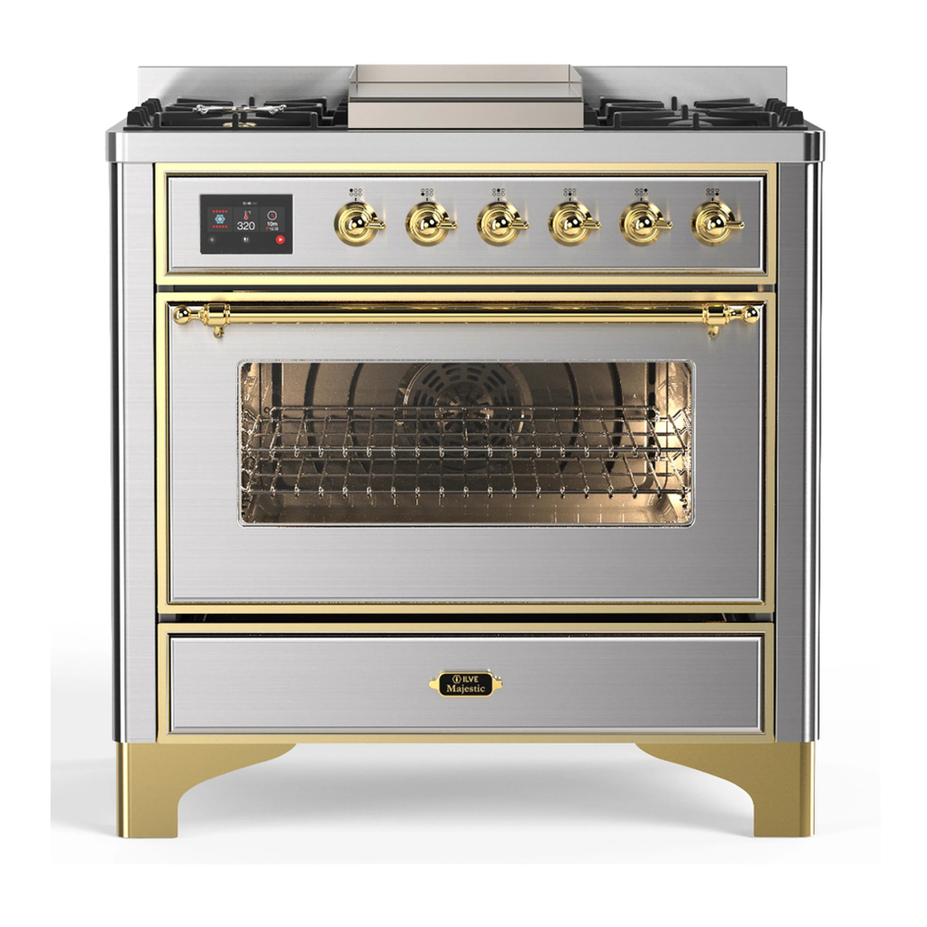 Stainless steel dual fuel range with open oven door, brass knobs, and gas cooktop