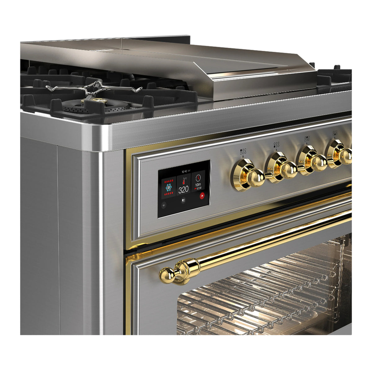 Stainless steel dual fuel range with brass-trimmed oven door and gas burner controls