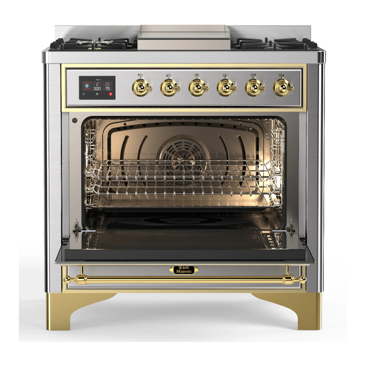 Stainless steel dual fuel range with open triple-glass oven door and interior racks