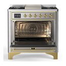 ILVE Majestic III 36-inch Dual Fuel Range with 6 Natural Gas Burner, Griddle and Triple Glass Door Electric Oven in Stainless Steel with Brass Trim (UM36FNR3SSG)