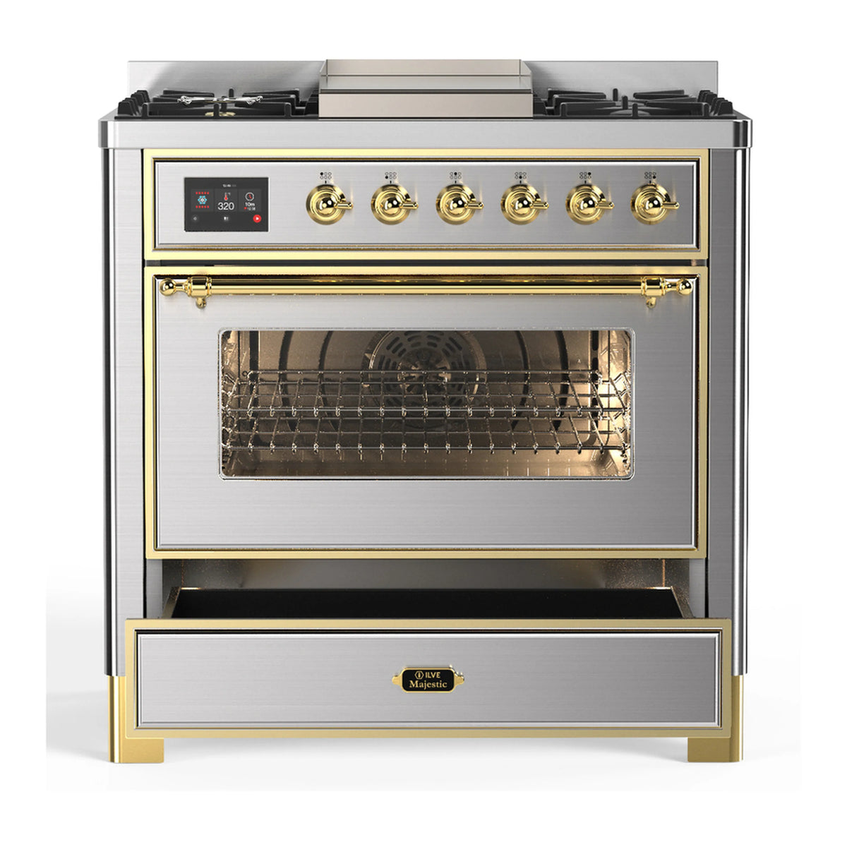 Stainless steel dual fuel range with triple-glass oven window and brass control knobs