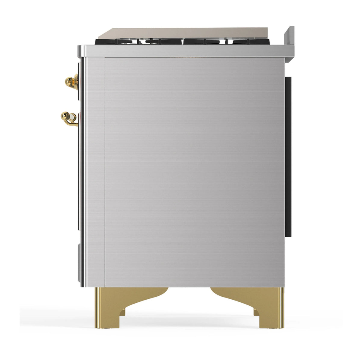 Stainless steel dual fuel range side panel with brass-trimmed corner feet