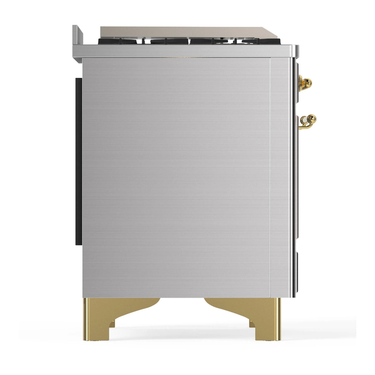 Stainless steel dual fuel range rear side panel with brass-trimmed base feet