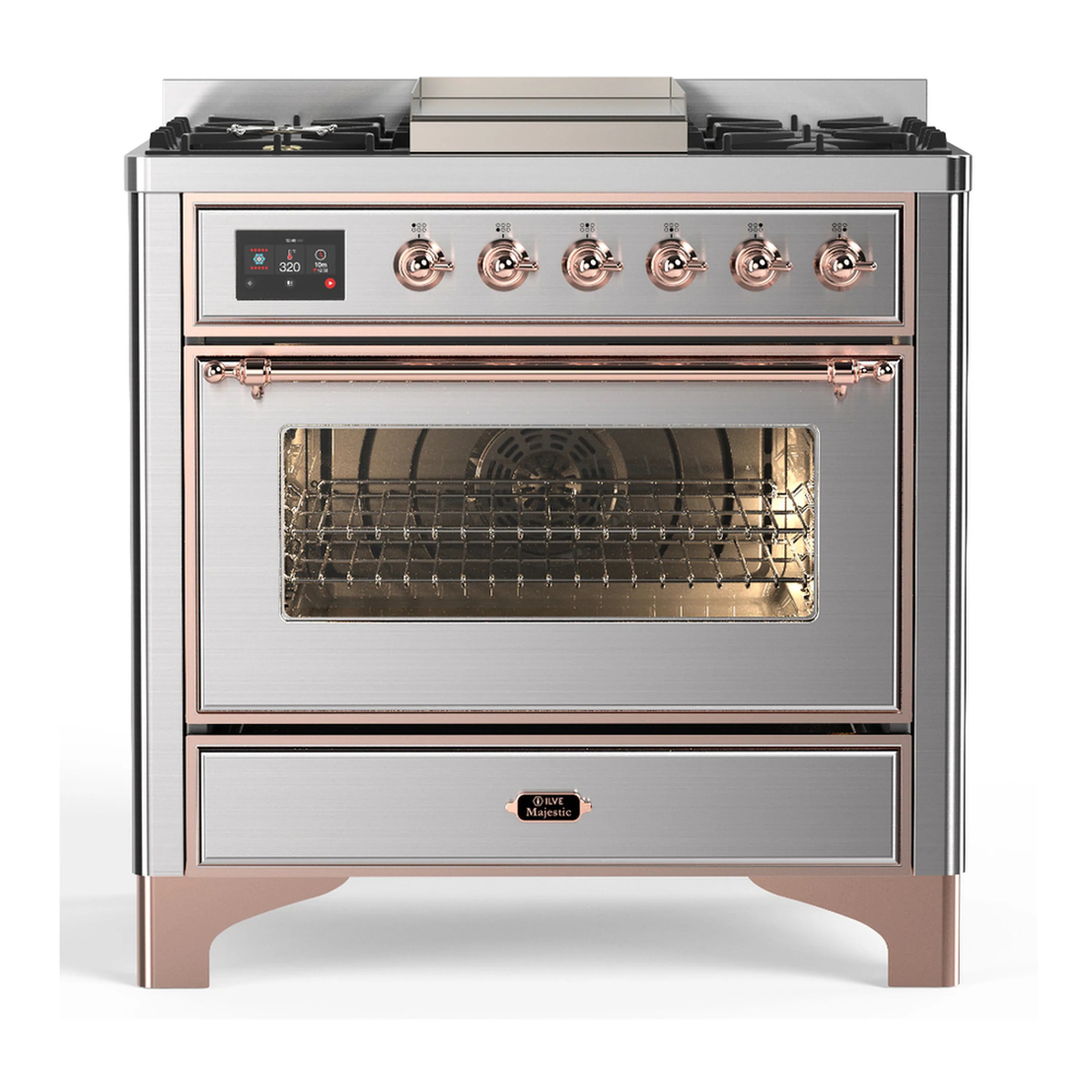 Stainless steel dual fuel range with open upper oven door and control knob row
