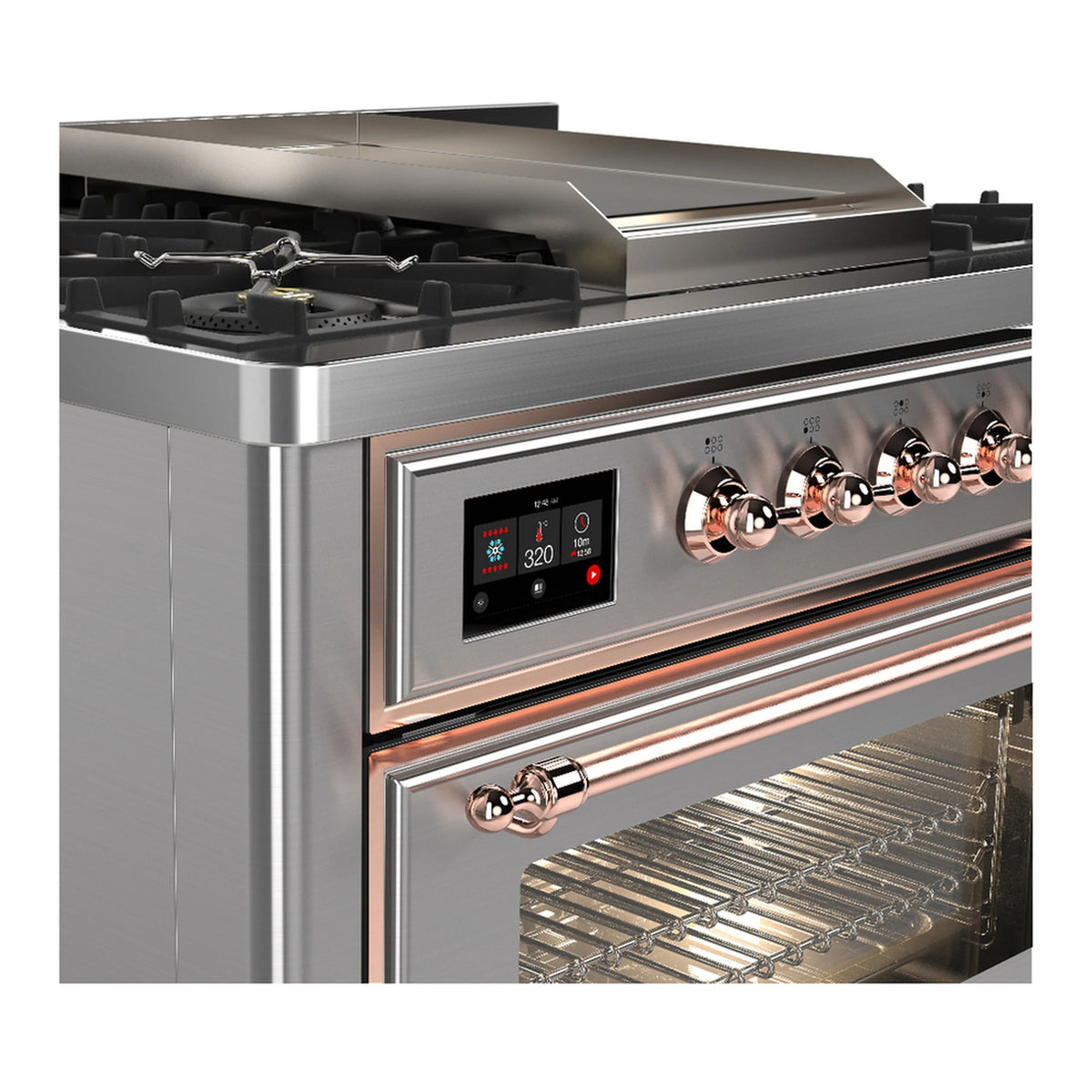 Stainless steel dual fuel range showing control panel and oven window with racks