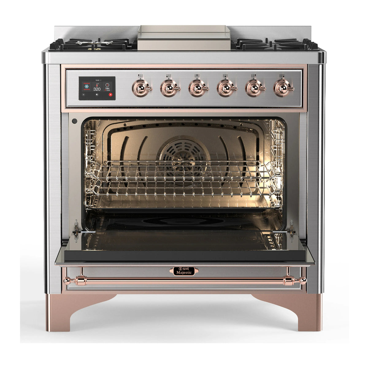Dual fuel range with oven door open, interior bake oven cavity and wire racks