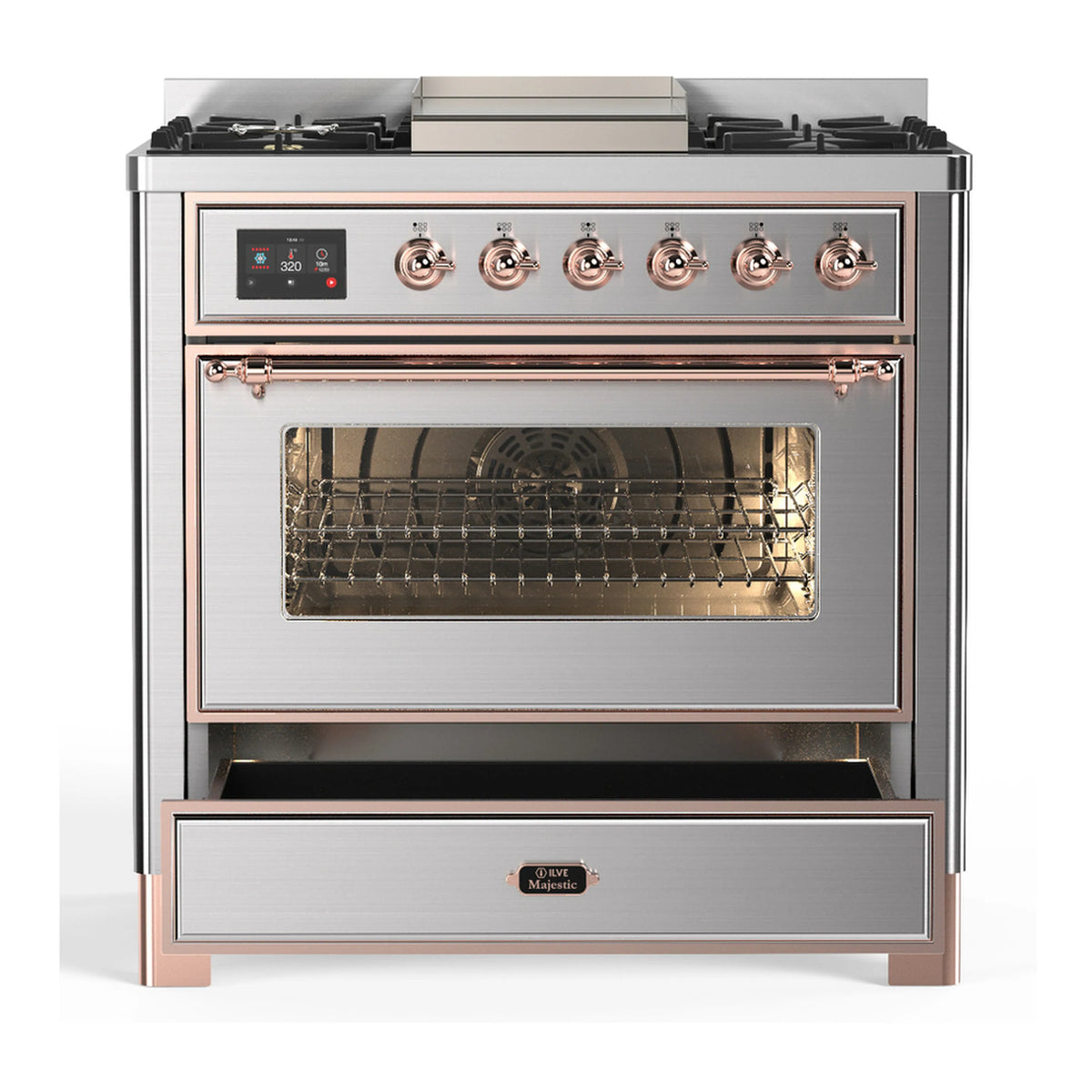 Stainless steel dual fuel range with open oven door and visible oven cavity