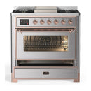 ILVE Majestic III 36-inch Dual Fuel Range with 6 Natural Gas Burner, Griddle and Triple Glass Door Electric Oven in Stainless Steel with Copper Trim (UM36FNR3SSP)