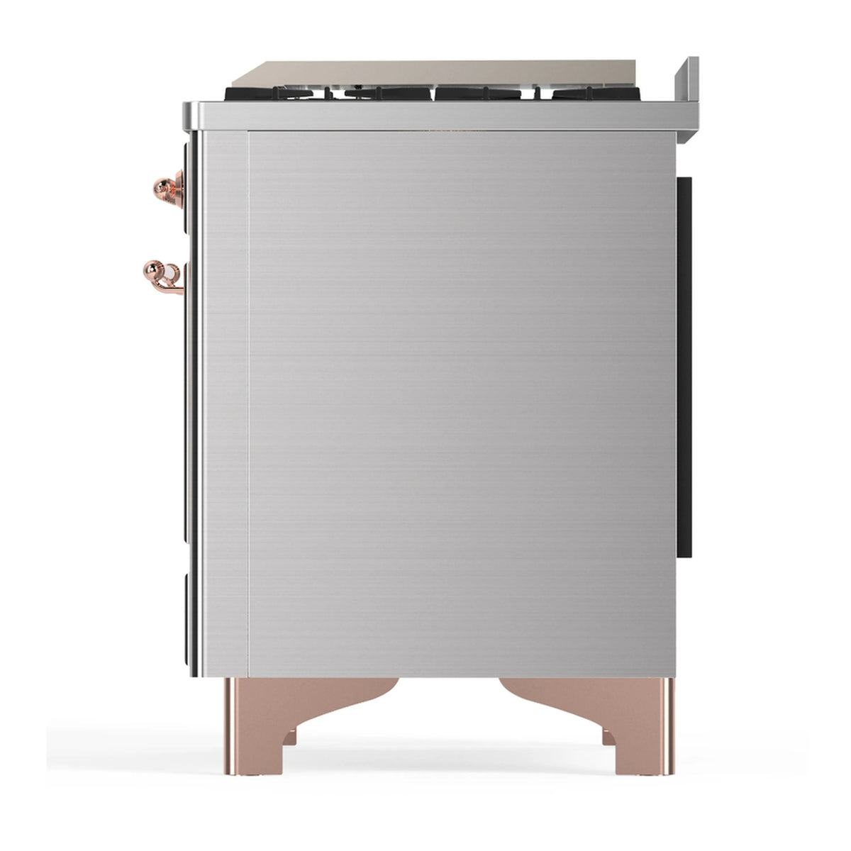 Stainless steel dual fuel range with copper-trim base and closed oven door
