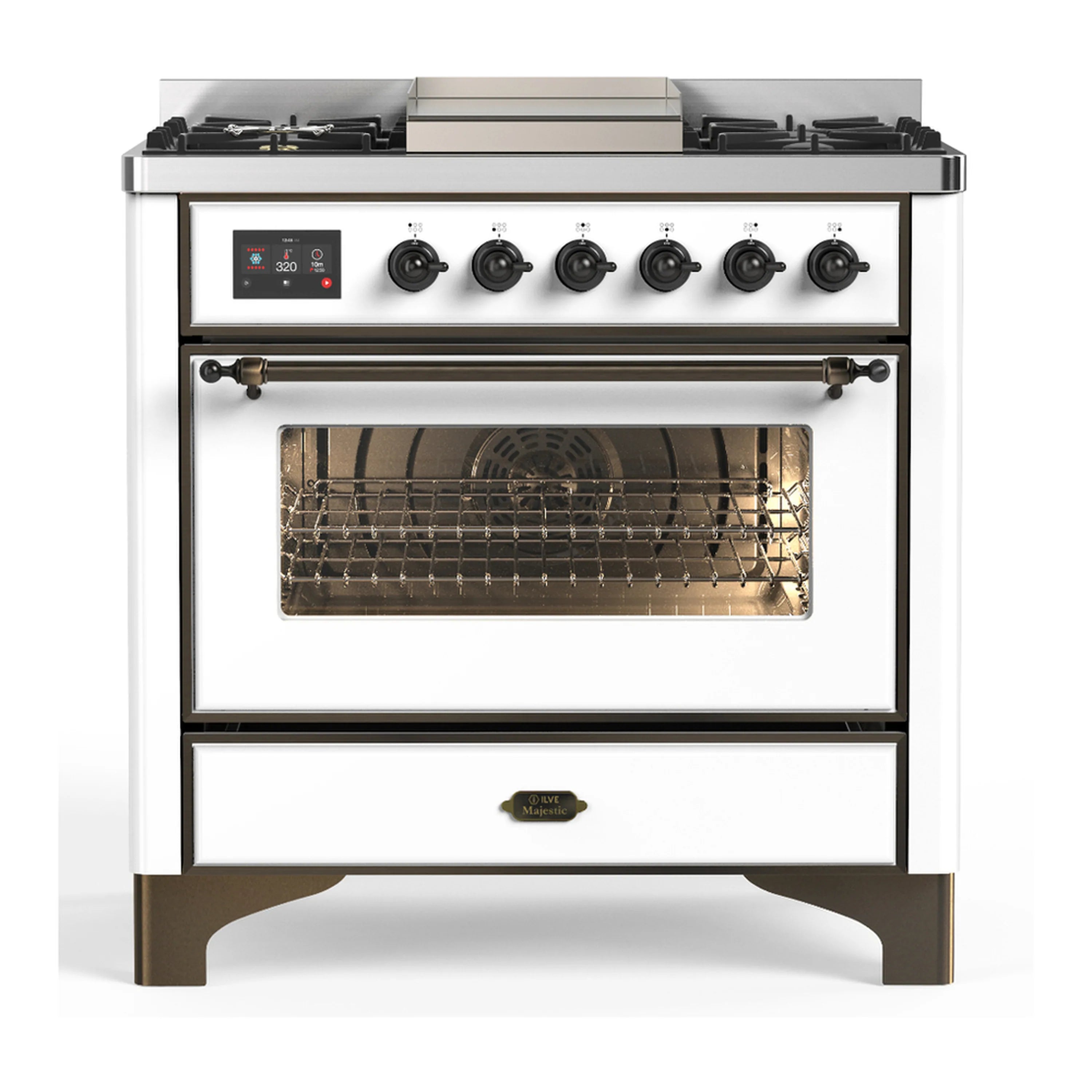 White dual fuel range with control knobs and oven door closed, burnished base trim