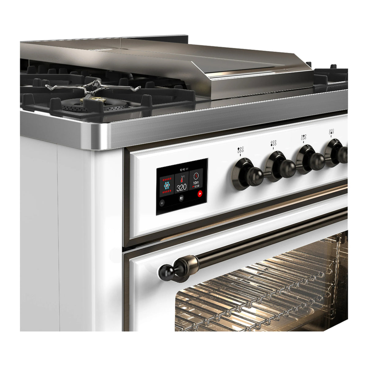 White dual-fuel range with stainless trim, front control knobs, and open oven door