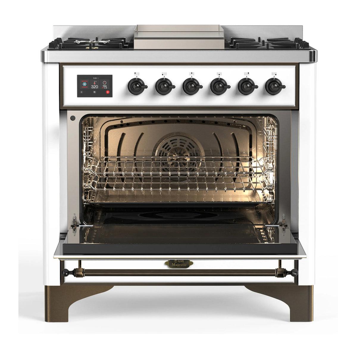 White electric oven with open door and lit interior, wire racks and heating elements