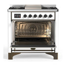 ILVE Majestic III 36-inch Dual Fuel Range with 5 Liquid Propane Burner, Griddle and Triple Glass Door Electric Oven in White with Burnished Trim (UM36FNR3WHBLP)