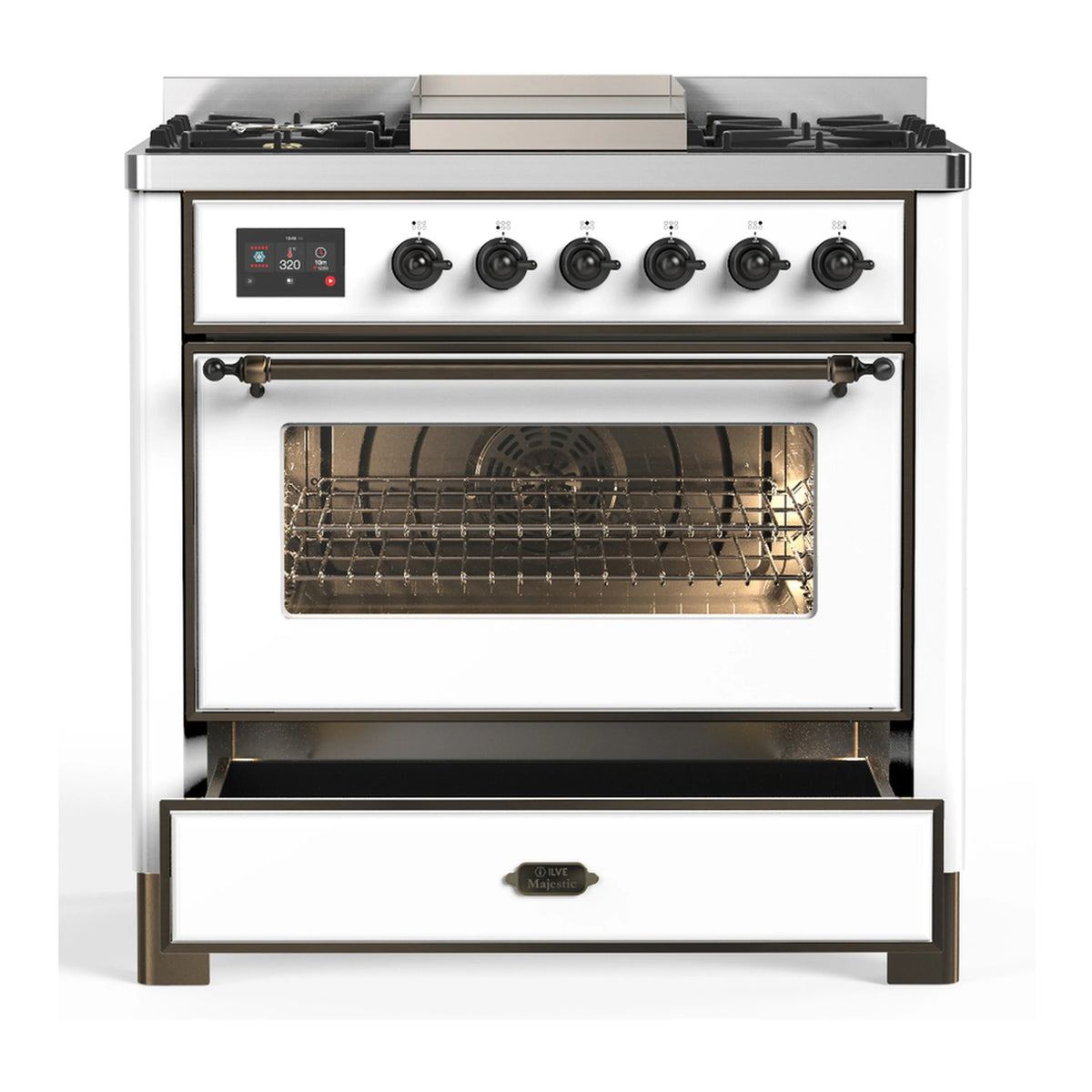 White dual-fuel range with open lower oven drawer, glass door, and six top burner knobs