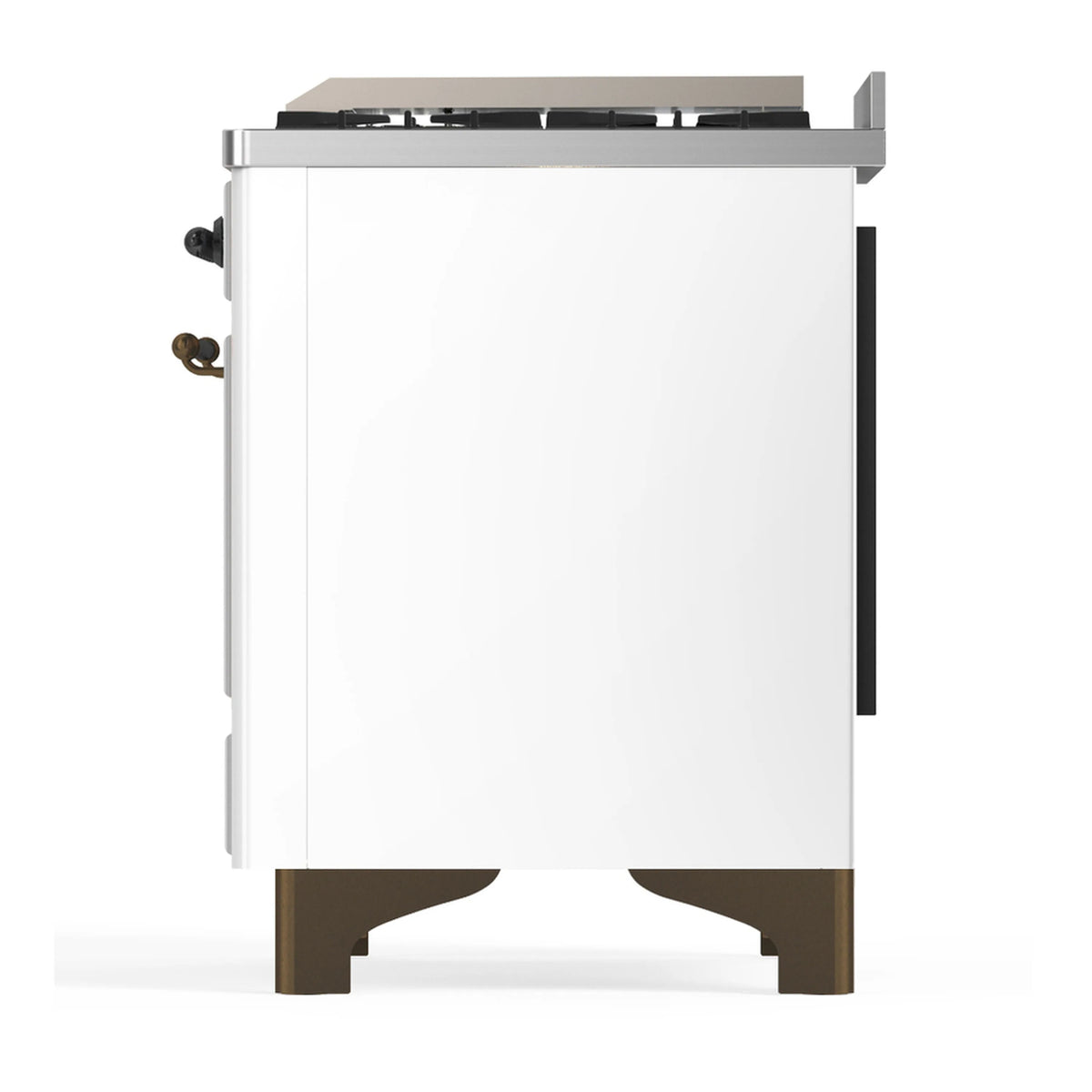 White electric oven door front with bronze-trim legs and stainless control panel top