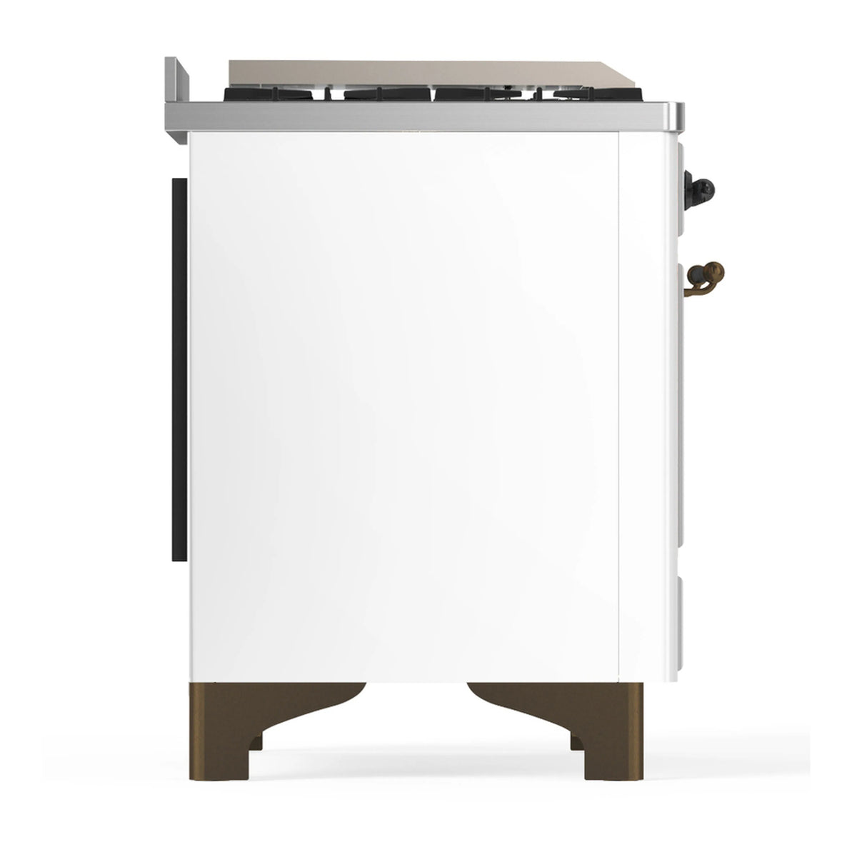 White range front with bronze-trim base, side knobs, and stainless top control panel