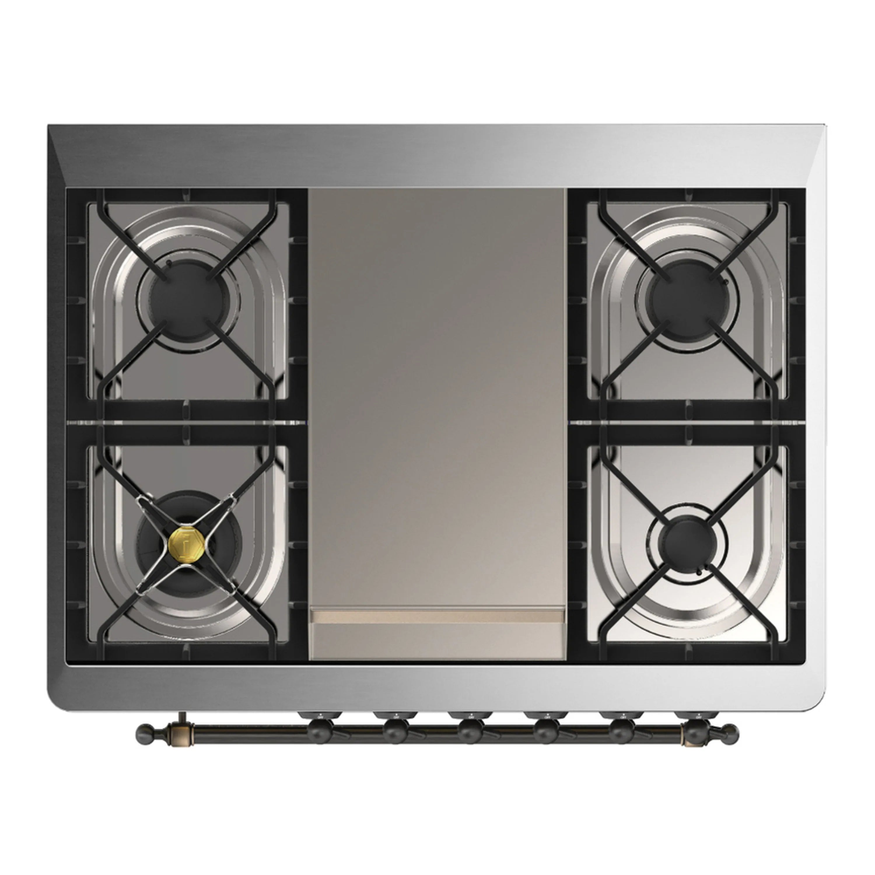 Cooktop view with four gas burners in black grates and burnished control hardware