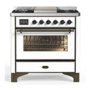 ILVE Majestic III 36-inch Dual Fuel Range with 5 Liquid Propane Burner, Griddle and Triple Glass Door Electric Oven in White with Burnished Trim (UM36FNR3WHBLP)