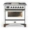 ILVE Majestic III 36-inch Dual Fuel Range with 5 Liquid Propane Burner, Griddle and Triple Glass Door Electric Oven in White with Burnished Trim (UM36FNR3WHBLP)