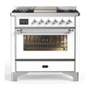 ILVE Majestic III 36-inch Dual Fuel Range with 6 Natural Gas Burner, Griddle and Triple Glass Door Electric Oven in White with Chrome Trim (UM36FNR3WHC)