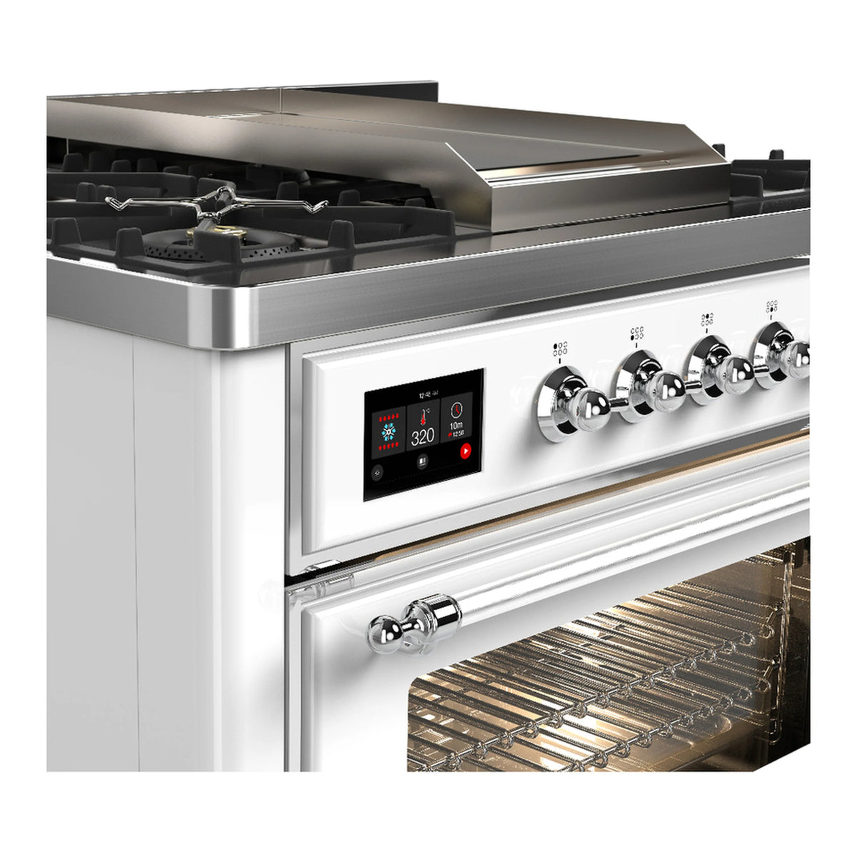 White dual fuel range with stainless control panel and knobs, griddle top