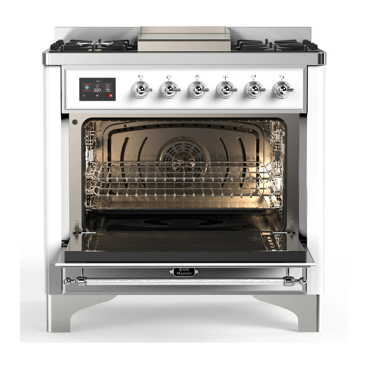 White dual fuel range with oven door open, wire rack inside the electric oven