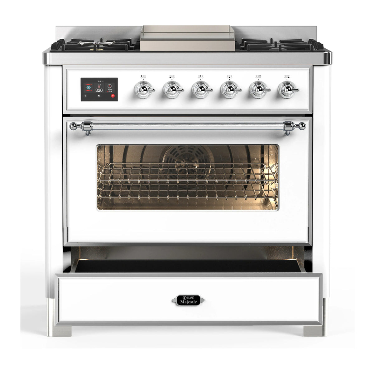 White dual fuel range with oven door open, interior chamber and rack visible