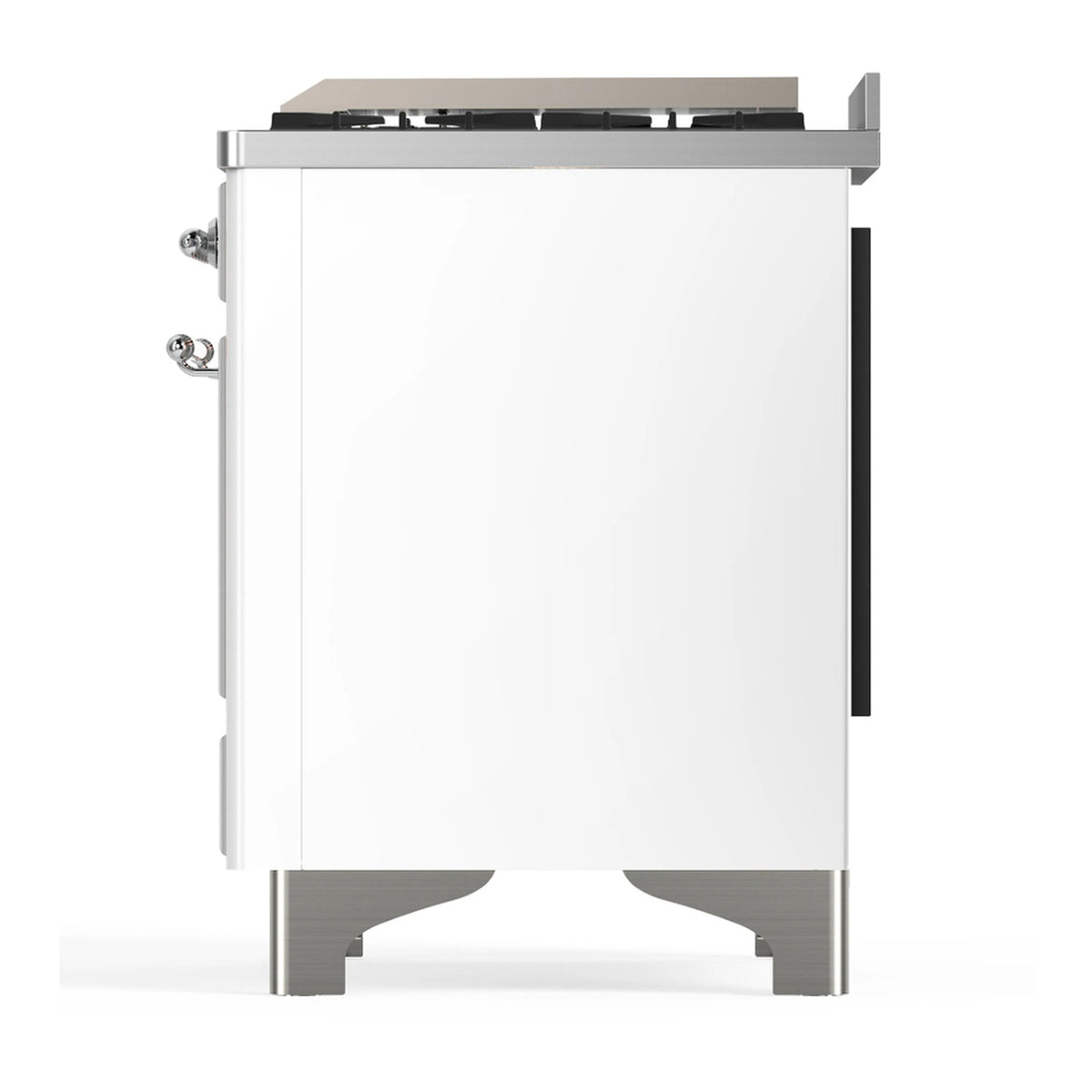 White dual fuel range side panel view with chrome trim and black rear inset