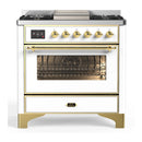 ILVE Majestic III 36-inch Dual Fuel Range with 6 Natural Gas Burner, Griddle and Triple Glass Door Electric Oven in White with Brass Trim (UM36FNR3WHG)